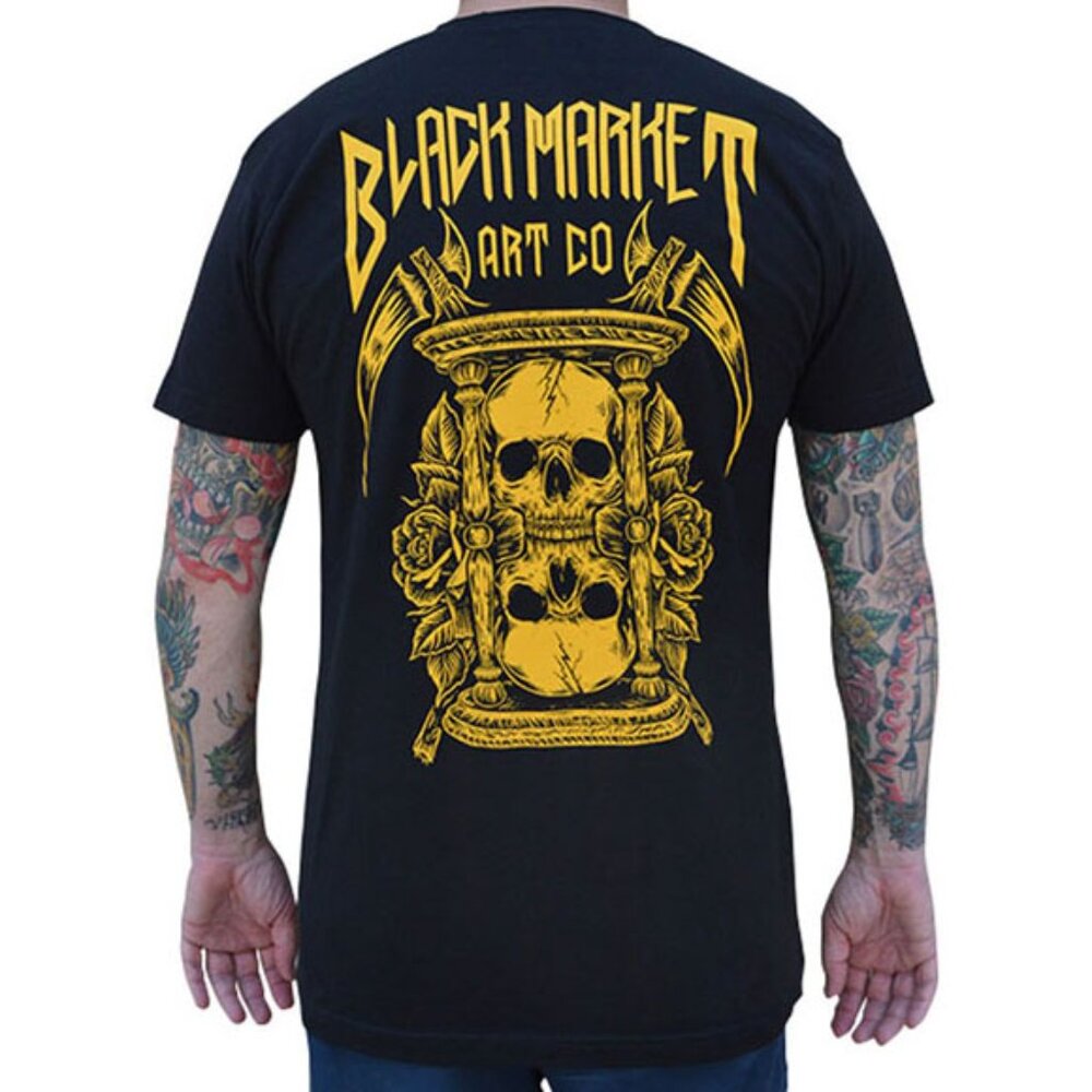Times Up Yellow Hourglass and Skulls Men's Black Tattoo Art Tee S-M-L-XL-2XL